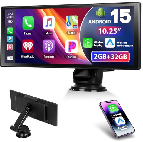 Motorsi 2 32 G 10,25 tum IPS bärbar bilradio med trådlös A-pple Carplay Android bilinspelarskärm, 7–32 V pekskärm med röstassistent/Bluetooth/FM-sändare/AUX/GPS navigering/Airplay
