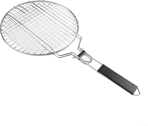 RichVibe Cestino rotondo per barbecue, con manico staccabile, griglia in acciaio inox, pieghevole, per campeggio, pesce, verdure, cucina all'aperto