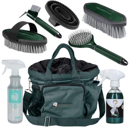 Waldhausen Supreme Juego de cuidado de caballos, 8 piezas, incluye bolsa de limpieza, cepillos, cerillas, raspadores, loción y spray con purpurina, juego completo para pelaje, melena y pezuñas, color