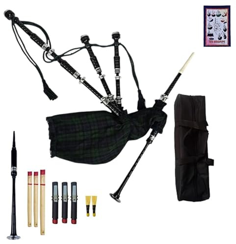 Tartancity Highland Bagpipe – Black Watch Tartan Bagpipes with Silver Mounts, Full Drone Set, Practice Reeds, Tutor Book, Carry Bag – Traditional Scottish Great Highland Pipes