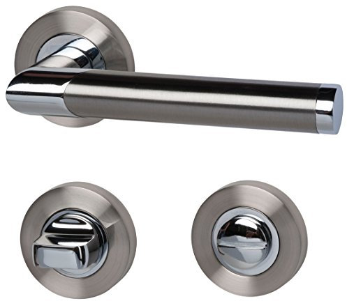 Alpertec 88022020 Lissabon-R Chrom/Edelstahlfarbig satiniert. WC für Badtüren mit Sperrriegel Drückergarnitur Türdrücker Türbeschläge Neu, für Badezimmertüren