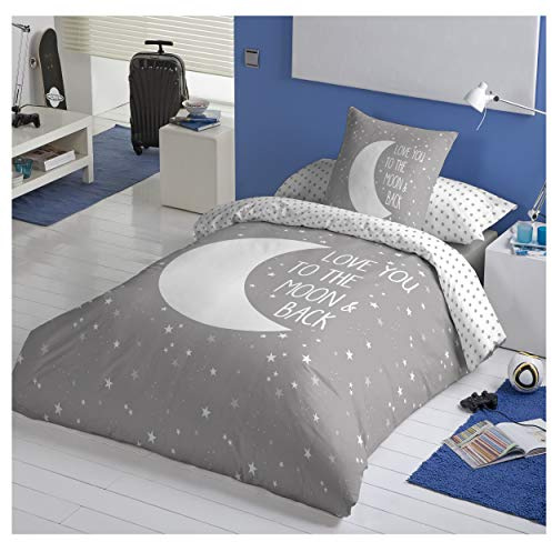 COTTON ARTean Funda nordica Infantil/Juvenil Reversible Moon Grey Funda de edredon para Cama de 105 + 1 Funda de Almohada 100% algodón Color Gris