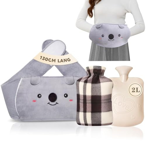 Wärmflasche 2L Wärmflaschengürtel 130cm Extra Langer 3 in 1 Koala Wärmflasche gürtel aus Gummi mit weichem Taillen-Bezug, wärmeflasche für Nacken, Schulter, Rücken, Beine, Taille
