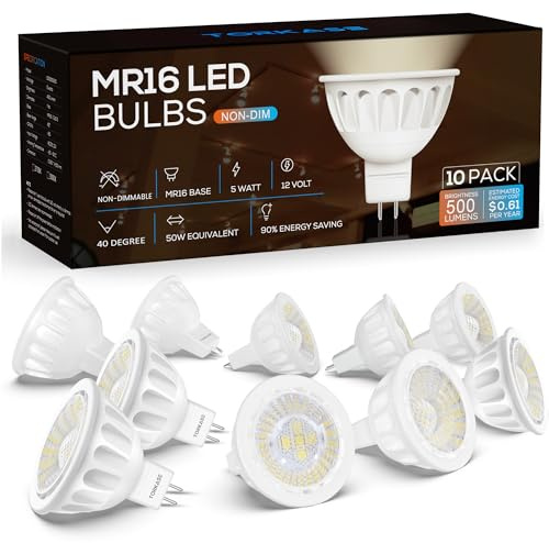 Torkase MR16 LED Bulbs,2700K Warm White,5W,50W Halogen Replacement Landscape Light Bulbs,GU5.3 Bi-Pin Base,AC/DC 12V Low Voltage Indoor Outdoor Spotlights, 40-Degree Narrow Angle,Non Dimmable,10 Pack
