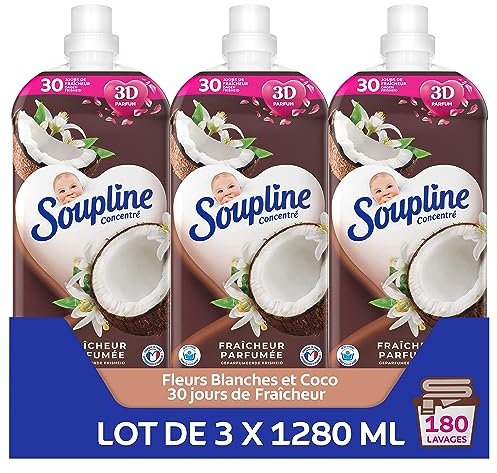 SOUPLINE Adoucissant Linge Concentré Senteur Fleurs Blanches & Notes de Noix de Coco, Assouplissant Linge Formule Améliorée pour Plus de Parfum*,Assouplissant Textile Liquide, Soupline Lot de 3x1,28L