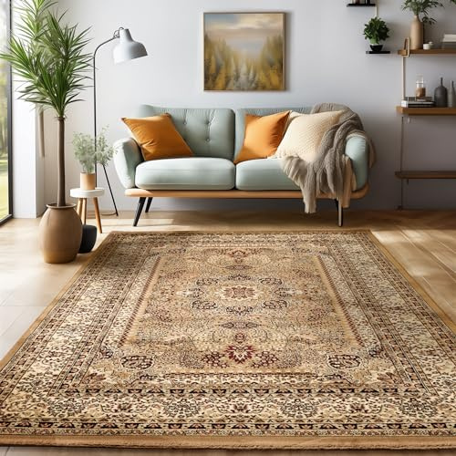 SIMPEX Orientalischer Teppich Wohnzimmer, Schlafzimmer, Esszimmer, Läufer, Flur Boho Teppich Kurzflor Weich 12 mm Carpet Orient, Beige, 80 x 150 cm