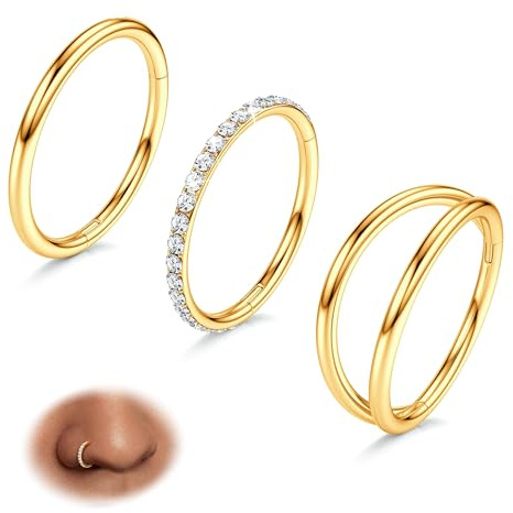 BodyBonita 18G 14K Gold Plated 316L Surgical Steel Nose Rings Hoops 3Pcs Double Hoop Nose Ring CZ Conch Piercing Jewelry Septum Clicker Helix 8mm
