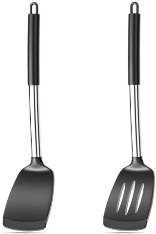 Avesteir 2 Pezzi Spatola Silicone, Spatole in Silicone Antiaderenti Resistente al Calore 35cm, Spatola Cucina con Nucleo Acciaio Inossidabile, Utensili da Cucina per Cuocere uova e fritelle (Nero)