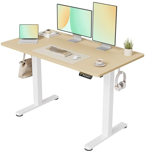 Claiks Schreibtisch Höhenverstellbar Elektrisch, Höhenverstellbarer Schreibtisch 120x60 cm, Standing Height Adjustable Desk, Weiß Gestell/Beige Oberfläche