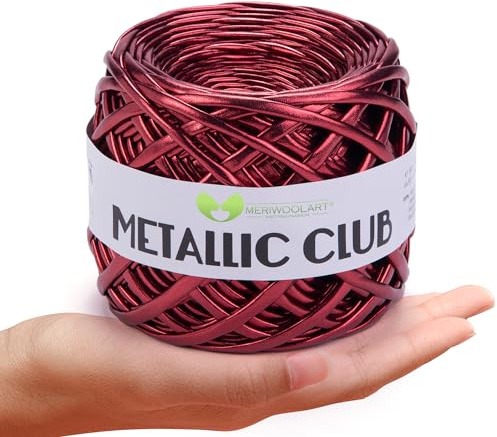 MeriWoolArt Premium metallic T-Shirt-garn, högkvalitativ polyester, läderutseende, stickgarn, 6–8 mm x 55 m garn textil, glänsande tillbehör