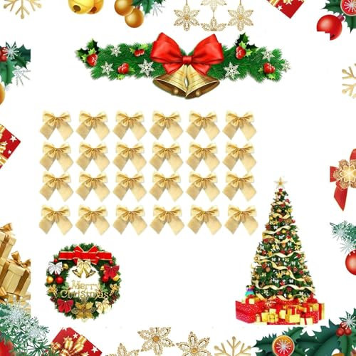 Weihnachtsschleifen,Weihnachtsbögen,24 Stück Weihnachten Baumschleifen,Weihnachten Dekoschleife,Weihnachtsbaum Deko,Schwalbenschwanz Bowknot,Rot Weihnachtsbaumschleifen,Christbaumschmuck (Golden)