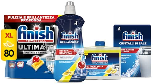 Finish Kit Lavastoviglie, 80 Pastiglie Ultimate Infinity Shine al Limone contro lo Sporco e i Residui Incrostati, Brillantante Lemon 500ml, Curalavastoviglie al Limone 250ml, Cristalli di Sale 1kg