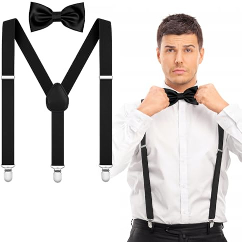 AOOWU Set de Tirantes Pajaritas, 3.5cm Tirantes Ajustables y Pajarita Elegante Retro para Hombre, Accesorio Traje de Business para Fiesta y Boda, Negro