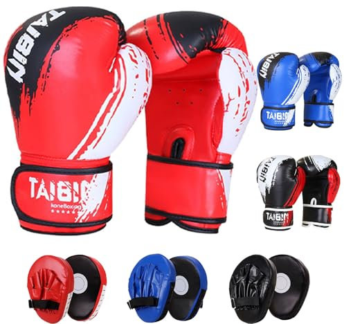 6 oz Kinder Boxhandschuhe und Box Pratzen Set für 3-10 Jahre,Kids Boxing Gloves,Box Handschuhe Kinder Set,2-in-1 Boxhandschuhe Kinder,Punchinghandschuhe für Jungen und Mädchen (Schwarz)