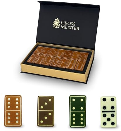 GROSS MEISTER® Premium Domino-spel – 28 unika handgjorda domino-stenar av trä och läder i trälåda – lyxgåva, klassiska brädspel, leksaker för vuxna från 16 år