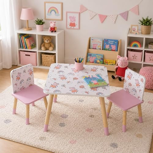 Kids Peppa Pig Table and Chairs Set – Peppa Pig Print Children’s Activity Table with 2 Chairs – Pink Wooden Toddler Furniture for Playroom, Drawing & Crafts