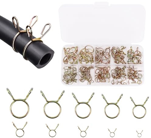 Yuio 100pcs 5-14mm Hose Spring Clamps, Metal Fuel Line Clips for Water Pipe, M5-14 Tubing Spring Clips Assortment Kit, Double Wire Hose Clamps for Air Hose Fuel Pipe Silicone Hoses Motorcycle Scooter