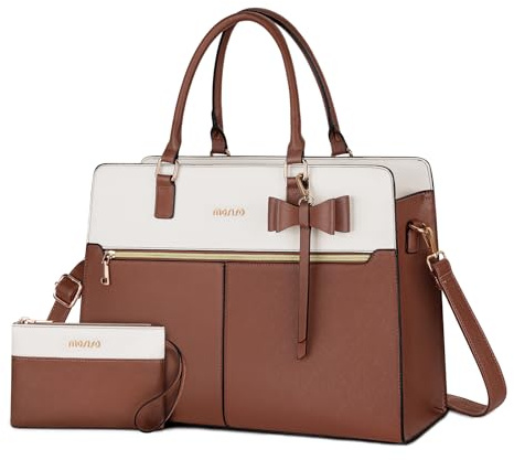 MOSISO Bolso Tote Laptop para Mujer, Bolso Trabajo Impermeable 15.6 pulgadas Cuero PU con Monedero y Lazo, Gran Capacidad Bolso Hombro, Maletín Trabajo para Negocios Profesores y Oficinas, Marrón