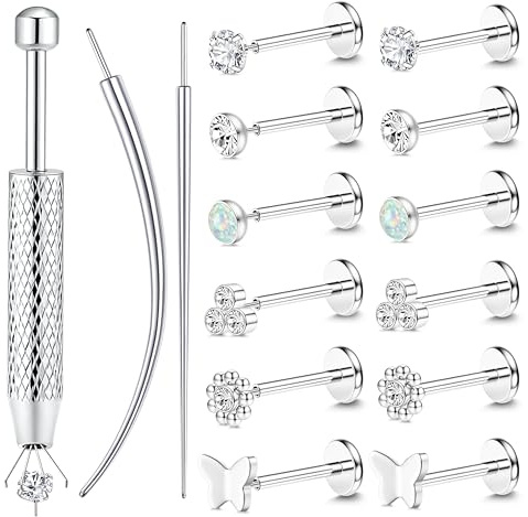 Chriscoco 6 par 16G/18G/20G öronpiercing kirurgiskt stål piercing näsa silver guld piercingar Trago labret Conch Helix Medusa Läpp Läpp Helix örhängen för kvinnor, Rostfritt stål, Ingen ädelsten