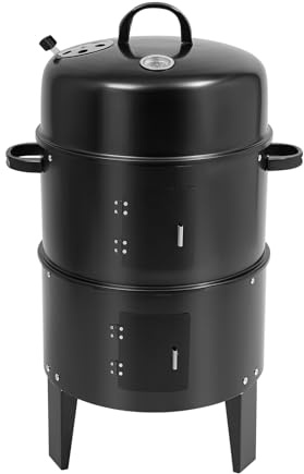 Fumoir 3 en 1 - Barbecue au charbon de bois - Barbecue rond - Barbecue au charbon de bois - Avec couvercle et thermomètre - 2 grilles de cuisson en acier inoxydable - 2 bols à eau en émail