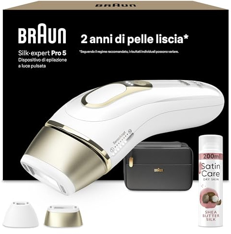 Braun Silk·Expert Pro 5 Epilatore Luce Pulsata, Epilazione a Casa, Alternativa All’epilazione Laser, con Custodia, 2 Testine, Idea Regalo, Bianco/oro, Pl5140 e Satin Care Gel per Depilazione Karite