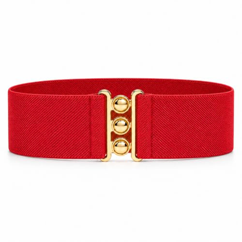 Ro Rox Retro Vintage Belt | Elastic Women's Belt |50s Nurse Stretchy Belt with Gold Buckle Clasp, Red & Gold, Small
