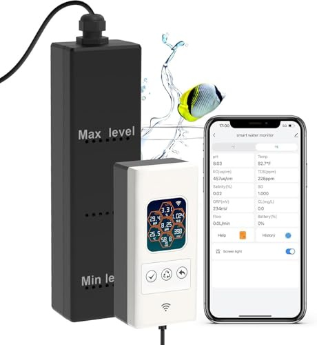 Smart Aquarium Monitor WiFi, 7-in-1 Digital Water Tester with pH ORP Salinity SG TDS EC Temp, 24/7 Remote App Alerts for Freshwater Saltwater Tanks