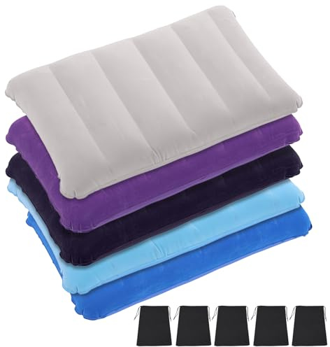 VEGCOO 5 Pack Inflatable Pillow, Multipack of Blow Up Pillows 47 * 30cm, Inflatable Flocked Cushion Compact Light Water Resistant, Travel Camping Pillow Perfect for Hiking, Picnic, Beach