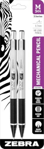 Zebra Pen M-301 Mechanical Pencil, Stainless Steel Barrel, Medium Point, 0.7mm, Black Grip, 2-Pack