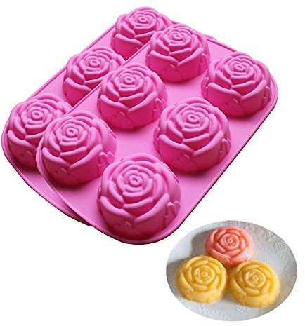 BAKER DEPOT Silicone Mold for Handmade Soap Cake Jelly Pudding Chocolate 6 Cavity Rose Flower Design, Set of 2 Pink