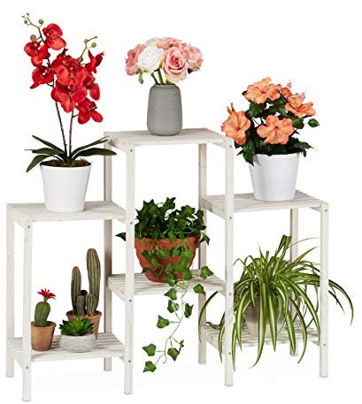 Relaxdays Blumenregal Holz, 6 Ablagen für Pflanzen, dekorative Blumentreppe für Indoor, stehend, 70 x 89 x 26,5 cm, weiß, Medium
