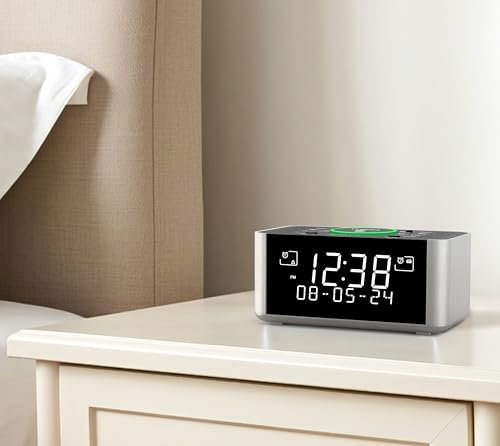 iTOMA Sveglia con ricarica wireless con radio DAB e FM, 40 stazioni preimpostate, snooze, display LCD dimmerabile, Bluetooth, ricarica USB e jack per auricolari, radio sveglia da comodino 206D