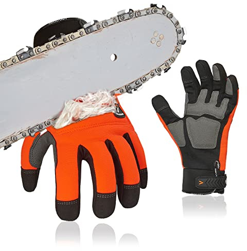 Vgo... Chainsaw Gloves,Cut Resistance,Chainsaw Protection on Both Hands Back,Safety Synthetic leather Work Gloves,Mechanic Gloves(1 Pair,Size M, Orange,SL9772CSCT)