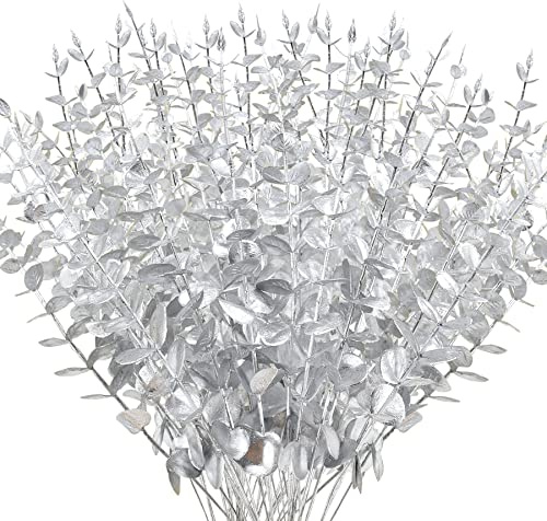 FEQO 72 Pcs Silver Eucalyptus Stems Artificial Leaves Faux Eucalyptus Stems Branches 15 inch for Wedding Bouquet Home Decor