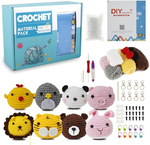 HAIJED 8Pcs Beginners Crochet Kit, Crochet Kit for Beginners Adults and Kids, Animals Crochet Kit, DIY Crochet Craft Kit with Instructions and Video Tutorials Yarns Accessories (Style A)