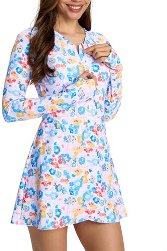 Cagola Womens Long Sleeve Swimsuits UPF 50+ One Piece Rash Guard Bathing Suit with Skirts Ladies Swimming Burkini Over 50 Printed Floral XL