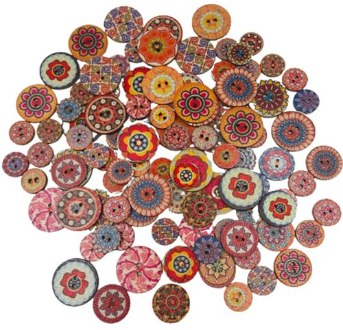 FDCGAS Botones de Madera - 100 Piezas botones decorativos Botones de Madera de Forma Redonda Impresos de Colores y tamaños Mixtos para Coser,Manualidades,decoración,Bricolaje (20 mm)