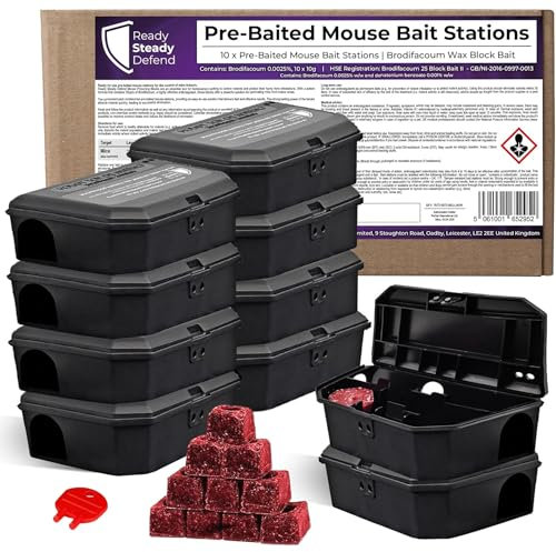 10-Pack Pre-Baited Mouse Control Boxes - Reusable Rodenticide Kit, UK Made with Professional Grade Brodifacoum Poison Blocks for Effective Indoor Pest Management