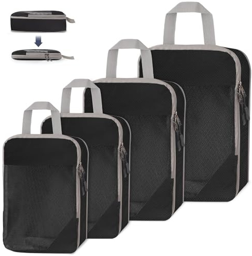 WUFANC 4 Stück Packwürfel Kompression, Kofferorganizer Packtaschen Set Leicht Zu Verstauende, Atmungsaktiv Sichtbar Netzstoff Koffer Organizer Set, Langlebig Mesh Travel Organizer (Schwarz)