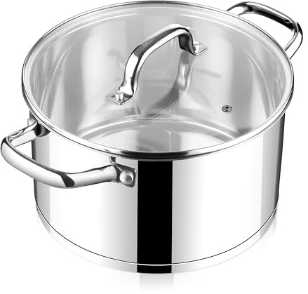 E-far 4 Quart Stock Pot with Lid, Stainless Steel Stockpot for Cooking Simmering Soup Pasta Sauce, with Tri-Ply Bottom & Visible Cover, Induction/Gas/Dishwasher Safe, Heavy Duty & Non Toxic