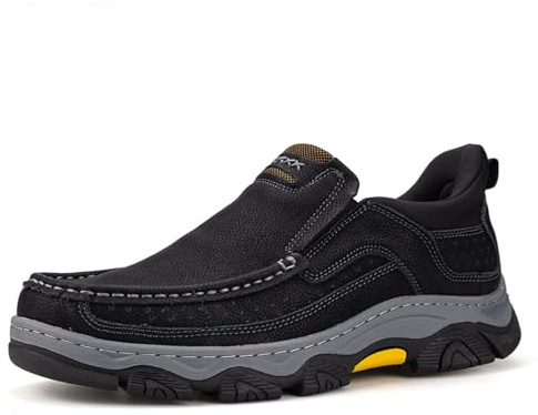 UPIShi Men's Hands Free Slip On Leather Loafers Casual Walking Lightweight Cushioned Comfort Office Business Outdoor Shoes Black 7