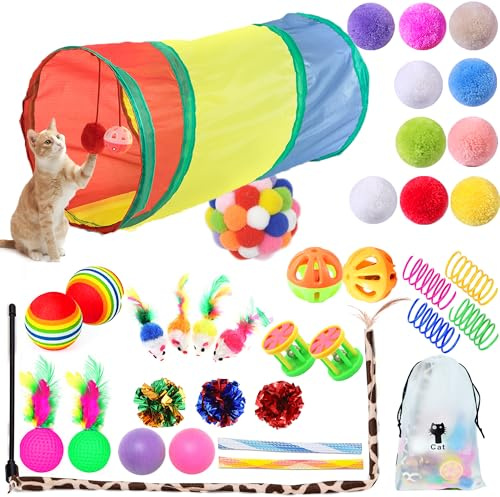 SUPJADE Cat Tunnel Set - 37Pcs Mice & Teaser Toys with Wand & Springs - Indoor & Outdoor Cats