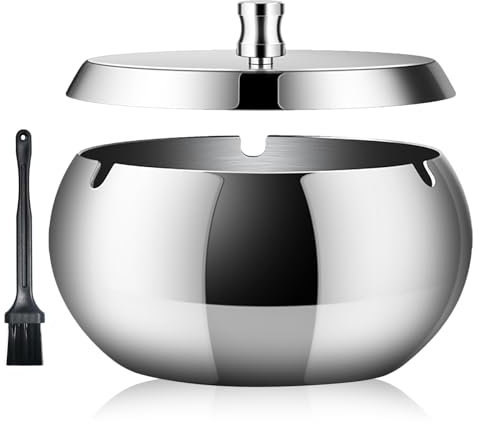 Geoyien Aschenbecher mit Deckel, rauchabsorbierend, mit Reinigungsbürste, Schutz vor Wind, Geruch und Reinigung, geeignet für Wohnzimmer, Büro, Garten, Balkon (Silber)