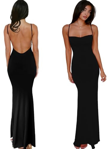 BOYSSPAA Woman Backless Bodycon Maxi Dress Elegant Curvy Sleeveless Spaghetti Strap Long Bodycon Dress for DailyOutings,Party,Dinner,Date,Birthdays (UK, Alpha, S, Regular, Regular, Black)