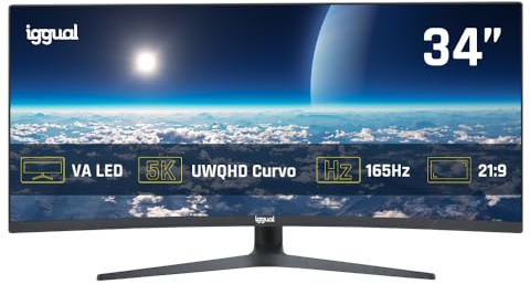 iggual Monitor UltraWide Curvo 34 21:9 WQHD 3440x1440px, 165 Hz, FreeSync, HDR, R1500, VA, 2xHDMI 2xDP, VESA 75x75, Regulable inclinación y rotación