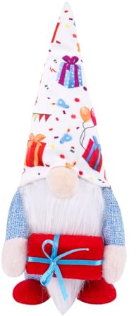 Birthday Gnome Figurine Handmade Swedish Tomte Cake Doll Cute Desktop Ornament for Party Home Decorations (D, 25.4cm)