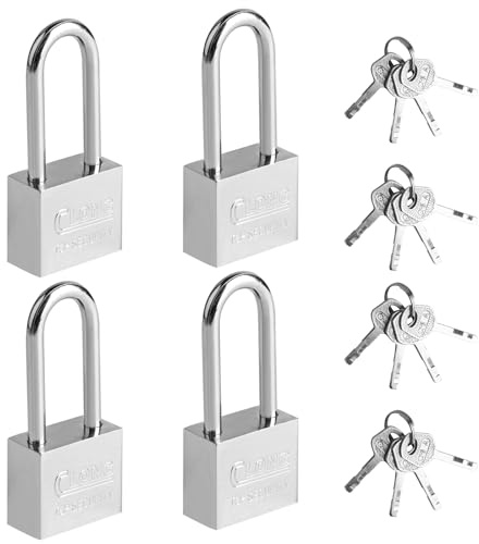 4 Pack Heavy Duty Long Shackle Padlocks with Keys, Weatherproof Outdoor Lock for Shed, Gym Locker, Fence, Gate, Garage & Suitcase, Secure Keyed Access for Home & Garden
