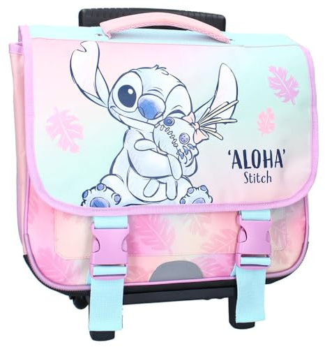 DISNEY STITCH Sac à dos Trolley - Sac à dos pour enfants | école | maternelle - Bretelles rembourrées et réglables - 2 roues et poignée extensible - 38 x 31 x 15 cm - Couleur rose