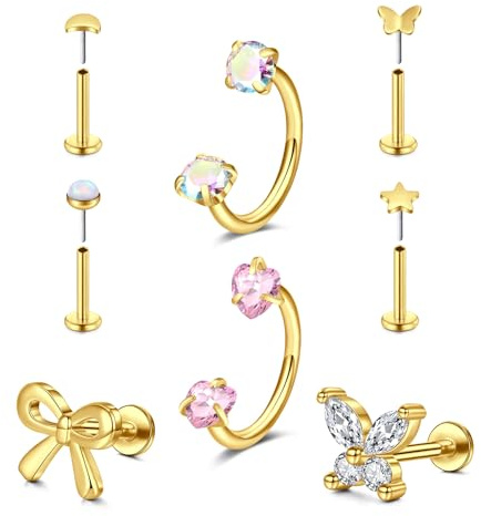MODRSA 8PCS Tragus Piercing Jewellery, 18G 20G Stainless Steel Bow Zirconia Stars Forward Helix Earring Flat Back Earring Gold Nose Stud