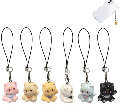 EUYKQNOI 6 piezas Glückskatze Winkekatze telefono de Techo Campanas de Gato Negro Hechos a Mano Pendientes de joyería de Moda Que Llaveros